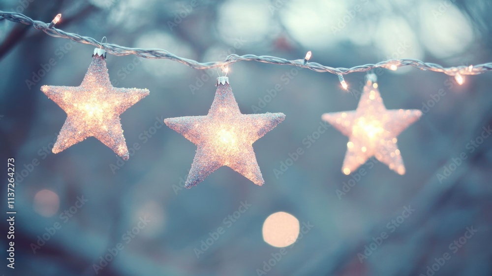 Poster a close-up of glowing star-shaped string lights, glittering softly in a tranquil outdoor setting wit