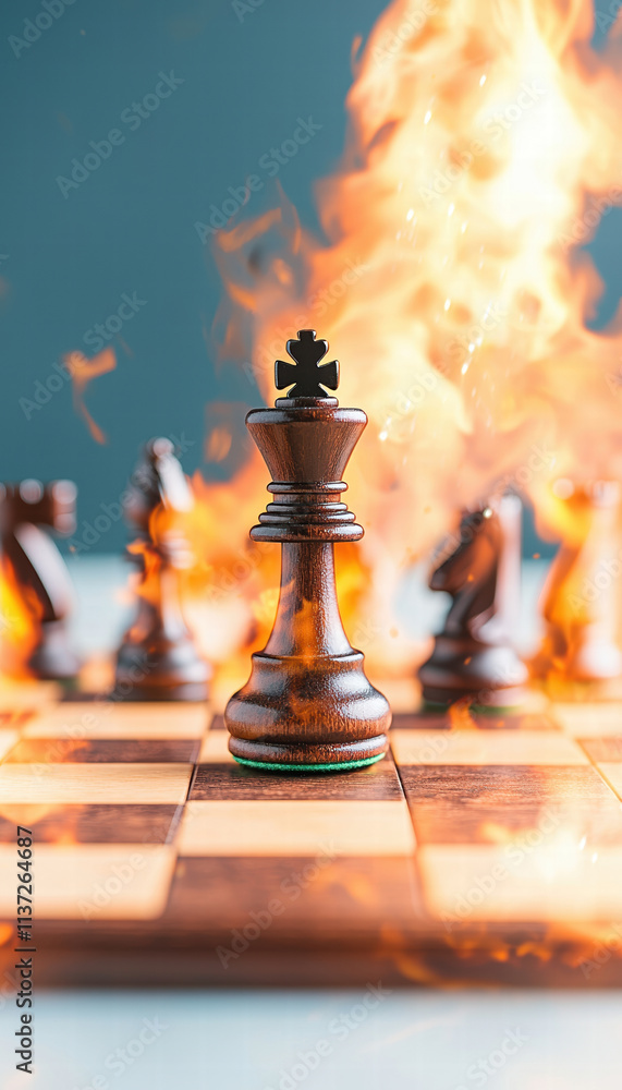 Poster chessboard with burning king piece surrounded by flames, creating dramatic and intense atmosphere. g