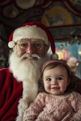 Gleeful xmas, &Ntilde;ute baby girl happy with santa claus. Christmas promotion visual idea snapshot for banner and online promotion use. Winter sales ads. Santa lap kids happy. Baby santa sitting.