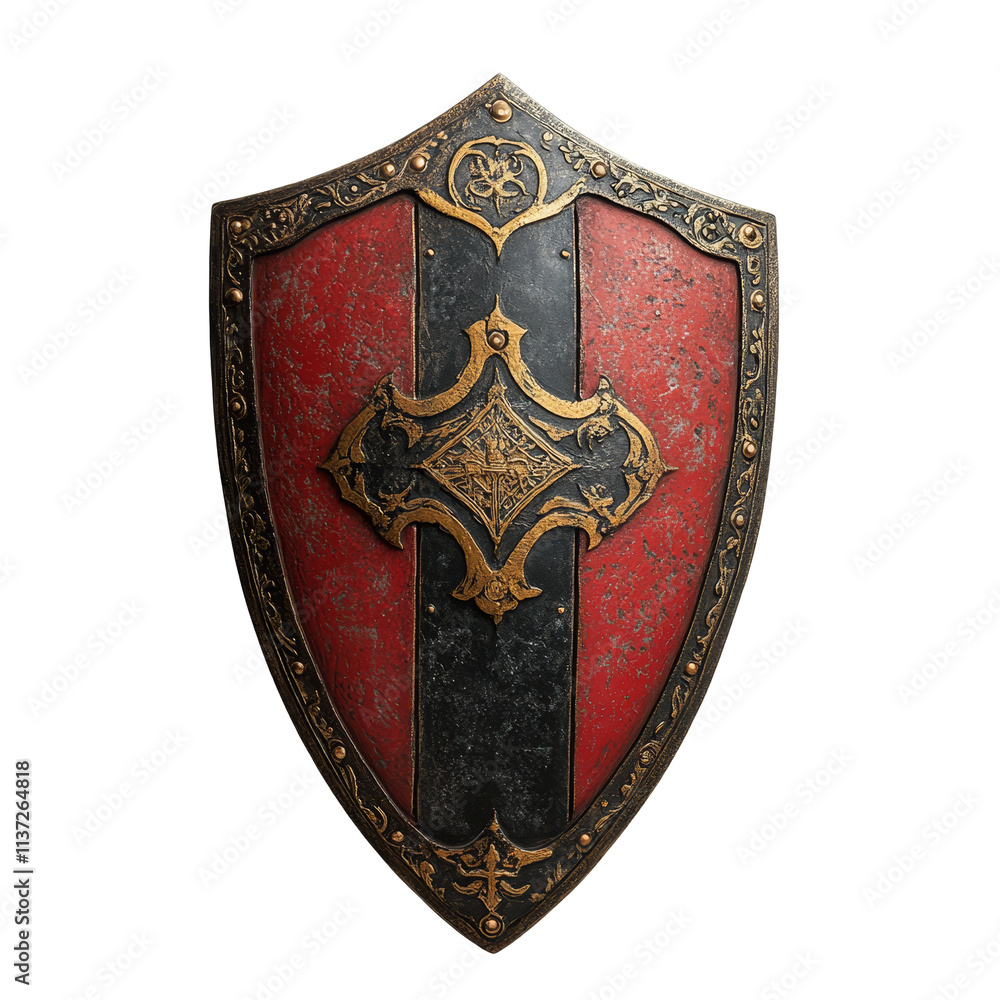 Poster Medieval knight shield from the Dark Ages with intricate design and bold colors displayed on a plain background, medieval shielddark ages knight shield isolated on transparent background