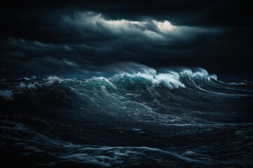 Fototapeta premium Ominous Stormy Sea with Dark Clouds and Turbulent Waves in Deep Blue-Green Water - Atmospheric Photography