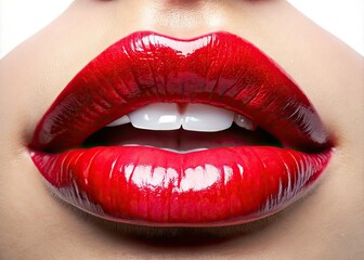 Obraz premium Close-up image showcasing flawlessly glossy lips; beautiful, isolated, high-resolution.