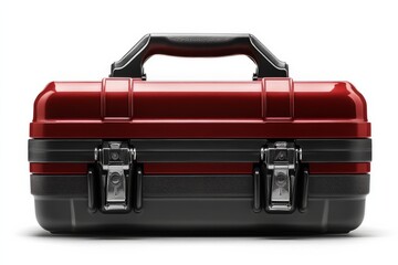 Red hard-shell case with black handle and metal latches, rectangular shape, durable material, two compartments, white background