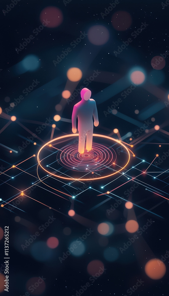 Poster digital representation of leader navigating through network of connections, surrounded by glowing ci