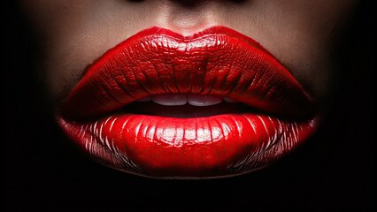 Fototapeta premium Close-up of luscious red lips, sensuously lit in low light; a high-resolution beauty shot against a dark backdrop.