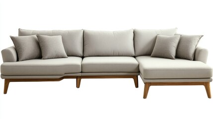 Modern beige sectional sofa with wooden legs and cushions on white background.