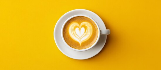 Flat lay of white coffee cup with heart-shaped latte art on yellow background, creating contrast with intricate design