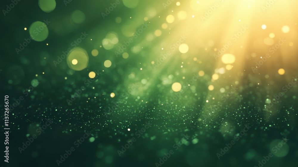 Poster the vibrant green backdrop features soft bokeh effects illuminated by warm light flares, adding dept