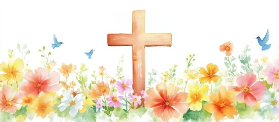 Serene watercolor illustration featuring a wooden cross surrounded by colorful flowers and blue birds in soft pastel shades