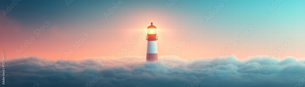 Poster lighthouse glowing brightly above clouds at sunset, creating serene and magical atmosphere. light pi