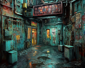 Fototapeta premium A gritty urban alleyway with vibrant graffiti and dim lighting.