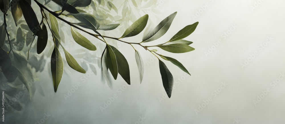Poster close-up of green leaves on tree branch creating depth and dimension, with light grey background and