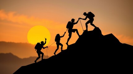 Silhouettes of climbers ascending a mountain at sunset, symbolizing adventure and teamwork.