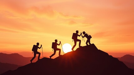 Fototapeta premium Silhouetted hikers ascending a mountain at sunset, symbolizing teamwork and adventure.