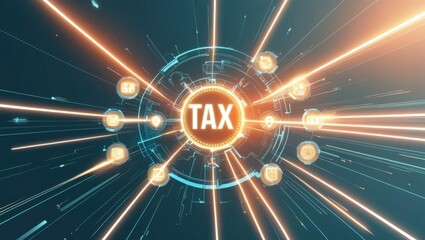 A dynamic illustration featuring the word "TAX" at the center, surrounded by radiating lines and digital elements, symbolizing financial concepts and technology.