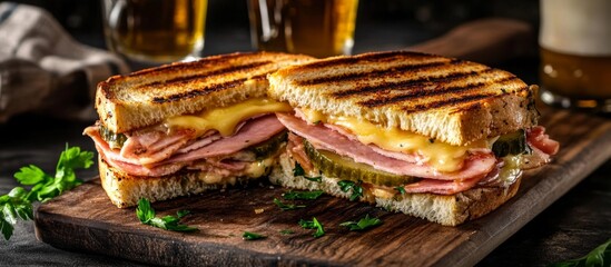 Rustic Sandwich with Ham, Cheese, Pickles on Cutting Board, Melted Cheese, Pink Ham, Herbs, Spices, Beer Glasses, Parsley Sprig