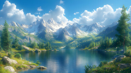 Obraz premium Serene Mountain Lake with Evergreen Trees - 3D Illustration