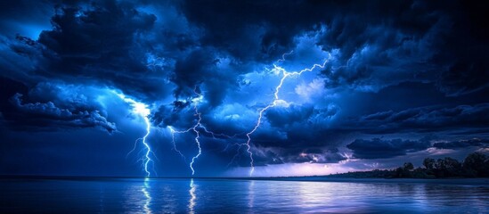 Stormy Sky Over Ocean with Lightning Bolts and Serene Water Reflection, Serene and Dramatic Nature Scene