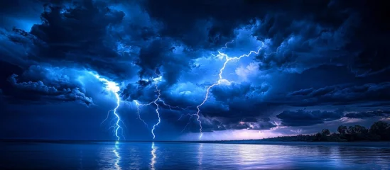 Fototapete Rund Stormy Sky Over Ocean with Lightning Bolts and Serene Water Reflection, Serene and Dramatic Nature Scene © Wannaeka