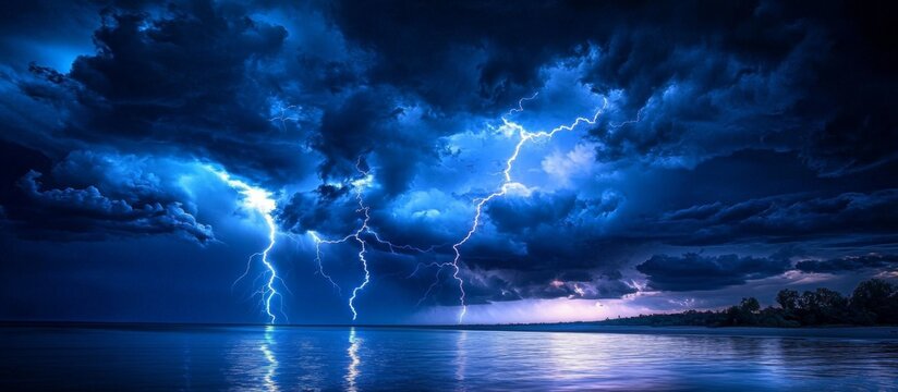 Stormy Sky Over Ocean with Lightning Bolts and Serene Water Reflection, Serene and Dramatic Nature Scene