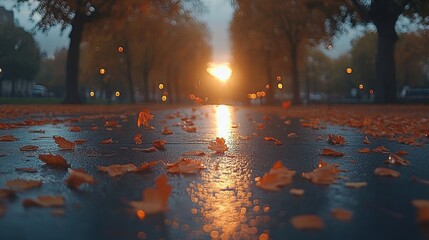 Autumn Sunset on Wet Road with Falling Leaves