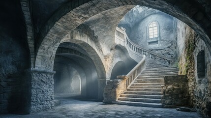 Naklejka premium Ancient Stone Staircase in a Mysterious Castle Cellar