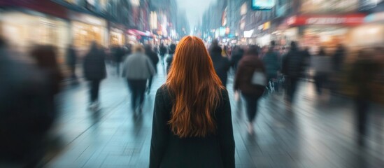 Night scene of a bustling city street with a focus on a young woman with red hair in a black coat