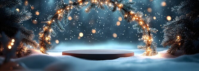 A festive podium placed under an arch of twinkling lights, with soft snow falling around and an enchanting winter landscape