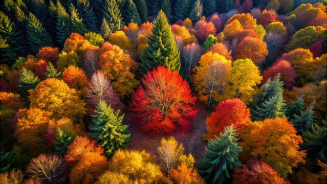 Idless' pine forest canopy yields to a vibrant beech, autumn's aerial masterpiece in Cornwall.