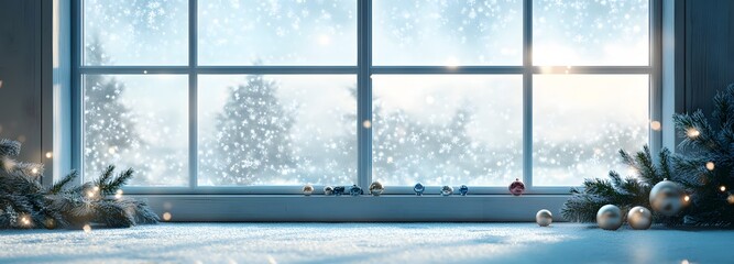 A podium in front of a large frosted window, with snowflakes gently falling and Christmas decorations scattered on the windowsill