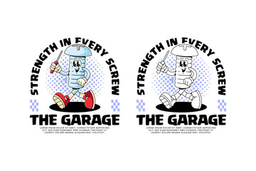 screw of fastener equipment retro cartoon character mascot illustration with walking pose and holding screwdriver tool for garage, workshop, craftsman mascots and merchandise