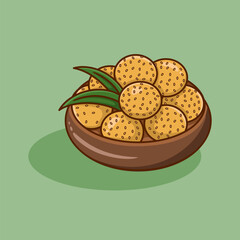 Illustration of dessert sesame balls or onde onde on a plate, a traditional Indonesian snack, isolated. Vector onde-onde sprinkled with sesame seeds with green bean filling.