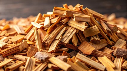 Close up of cedar and palo santo incense wood chips on background, cedar, palo santo, incense, wood chips