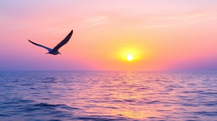Fototapeta premium Serene Sunset Bird in Flight over Ocean Peaceful Seascape