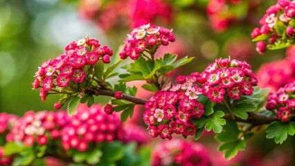 Fototapeta premium A close up of a vibrant hawthorn bush in full bloom, flora, nature, plant, greenery, leaves, thorns, branches, blossom, garden