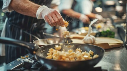 Chef Adding Ingredients to a Frying Pan