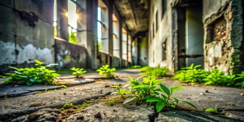 Fototapeta premium Overgrown ruins whisper forgotten stories, vibrant green life against decaying concrete, a photographer's urban exploration.