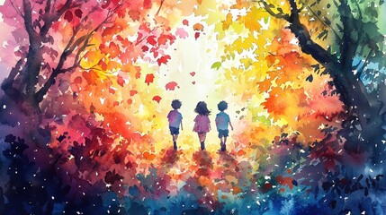 Children Exploring a Colorful Autumn Forest Outdoor Adventure Watercolor Art Vibrant Environment Side View Nature and Imagination