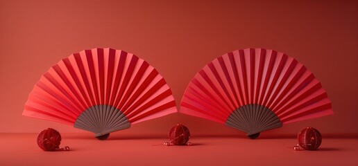 Red Folding Fans on Red Background