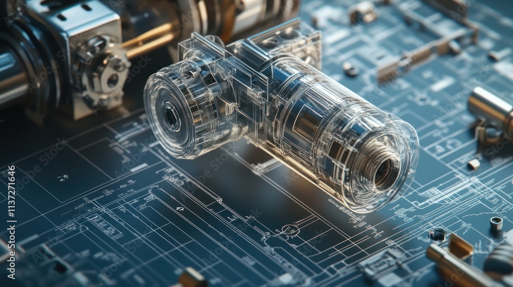 Poster transparent camera mechanism on blueprint: a detailed 3d render of precision engineering