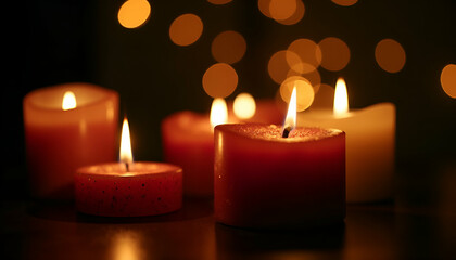 Advent Candles Glowing in Darkness with Glittering Flames and Bokeh Lights