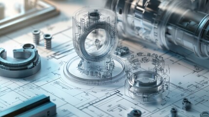 Transparent mechanical parts on blueprint.