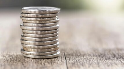 Stack of Silver Coins on Wooden Surface Finance Savings Wealth Currency