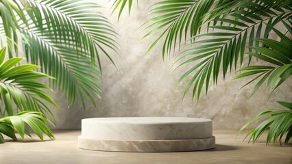 Natural stone podium with palm leaves shadow backdrop for cosmetic product display, minimalist, beauty, trendy, rendering