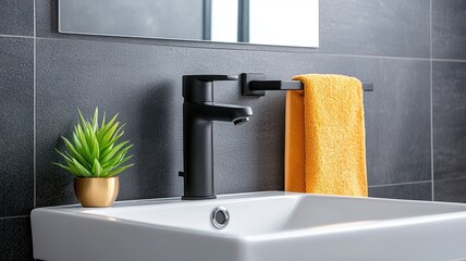A minimal bathroom with a functional decor concept. Modern bathroom sink with black faucet, orange towel, and decorative plant against dark tiles.