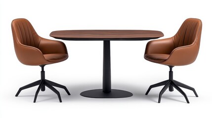Fototapeta premium Modern Brown Leather Chairs Wooden Table Set