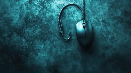 Computer mouse hooked by fishing hook.