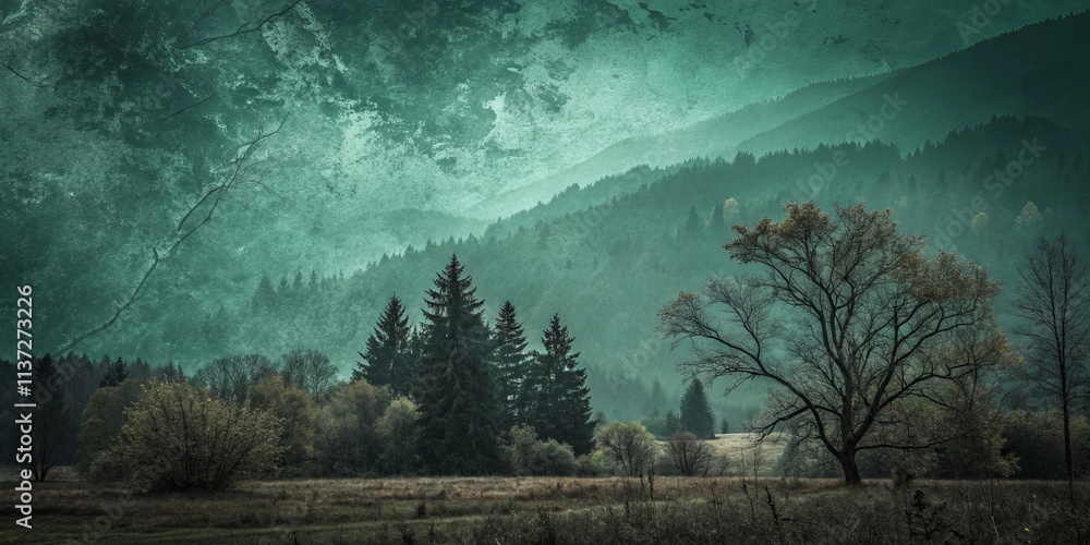 Poster A forest with a tree in the foreground and a mountain in the background