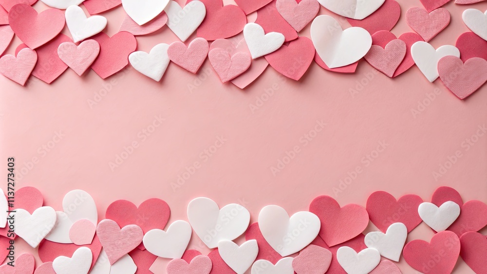 Poster a pink and white background with a large number of hearts scattered across it