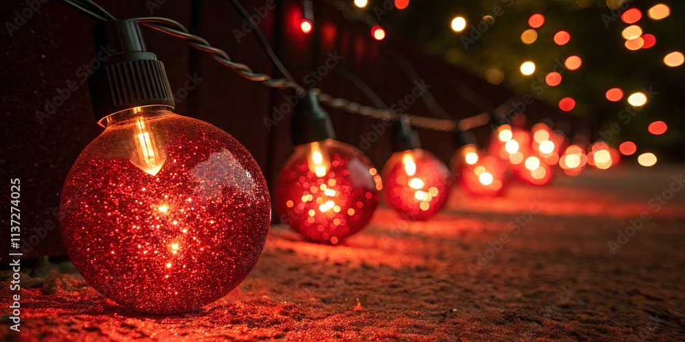Poster a red string of christmas lights with a red ball in the middle